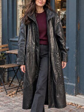 LNR Black Genuine Leather Long Trench Coat Women's Small Longline Outerwear